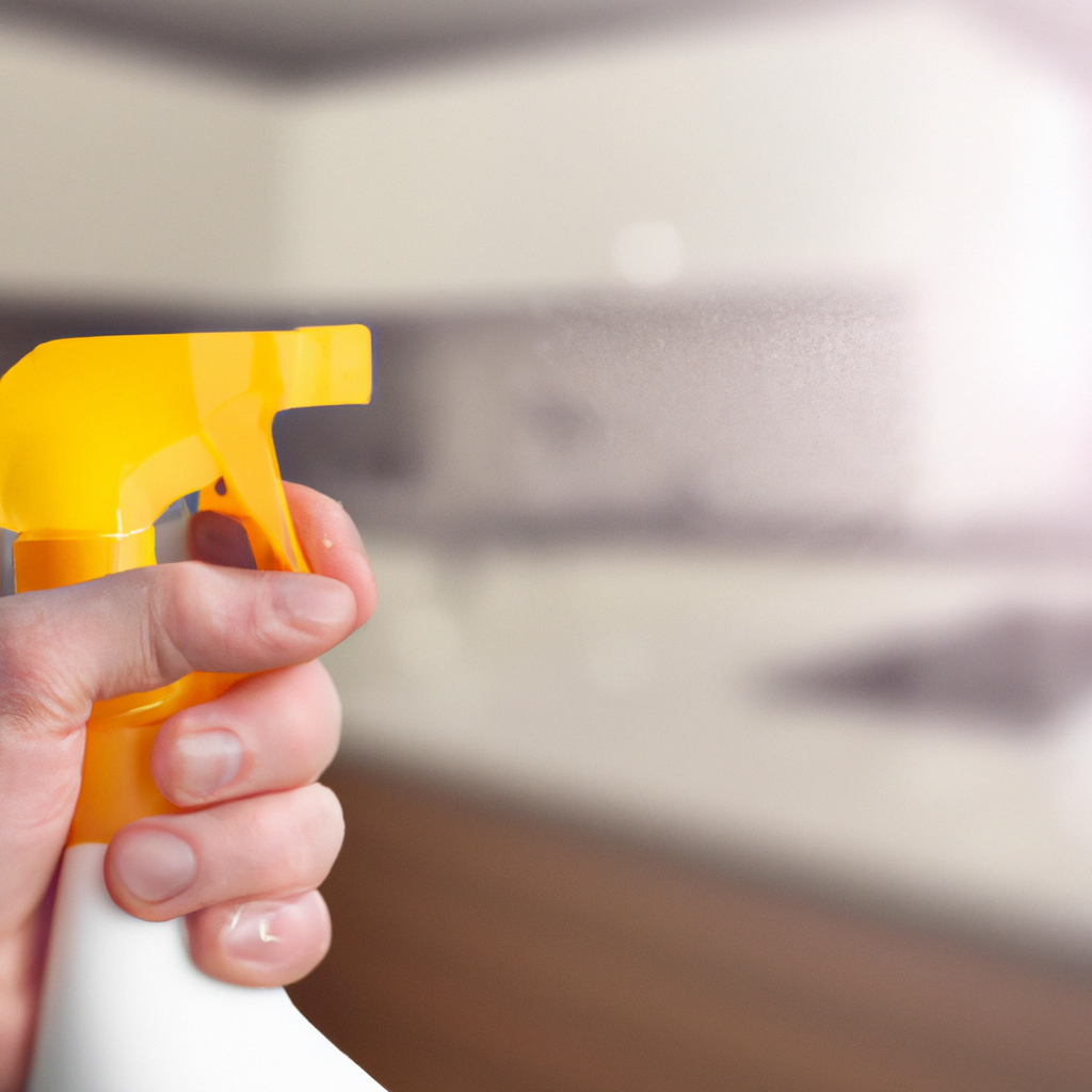 Professional cleaner spraying solution on a modern kitchen counter, bright natural light, premium Canadian cleaning service