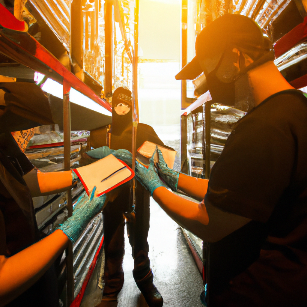 Team in Vancouver warehouse checking SDS and WHMIS labels with PPE, masks, gloves, and clipboards